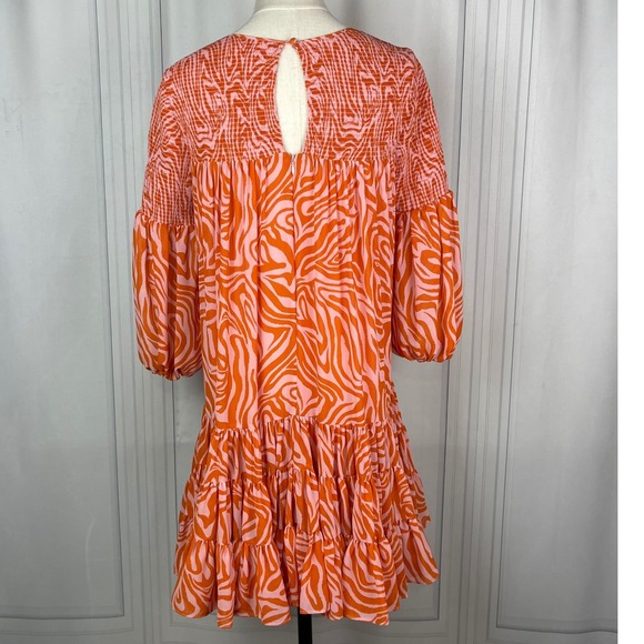Cinq a Sept-Rika Mini Dress-Billow Sleeve/Animal Print -‎ Pink/Orange-Size 6 - Picture 7 of 16